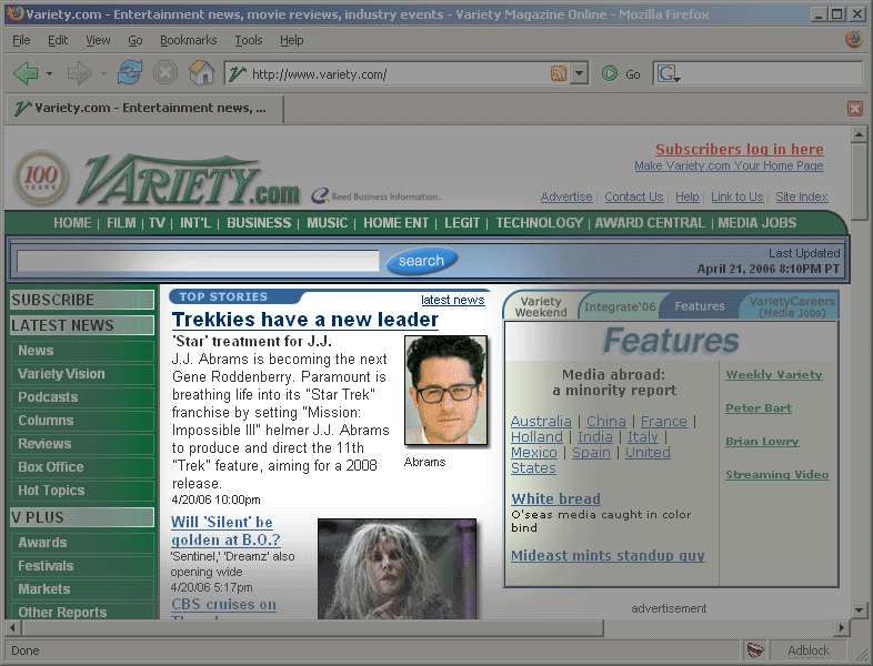 Screen capture of Variety magazine's web page, showing the headline "Trekkies have a new leader"